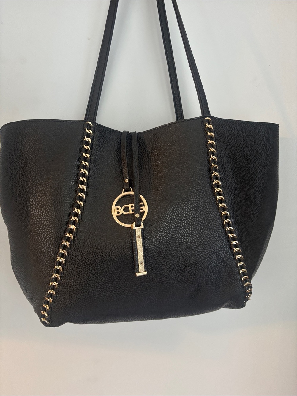 BCBG Black Pebbled Leather Tote with Gold Chain Detail